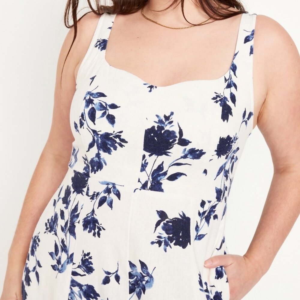 (NWT) Old Navy - blue floral linen blend fit & flare midi dress (large) - Picture 3 of 5